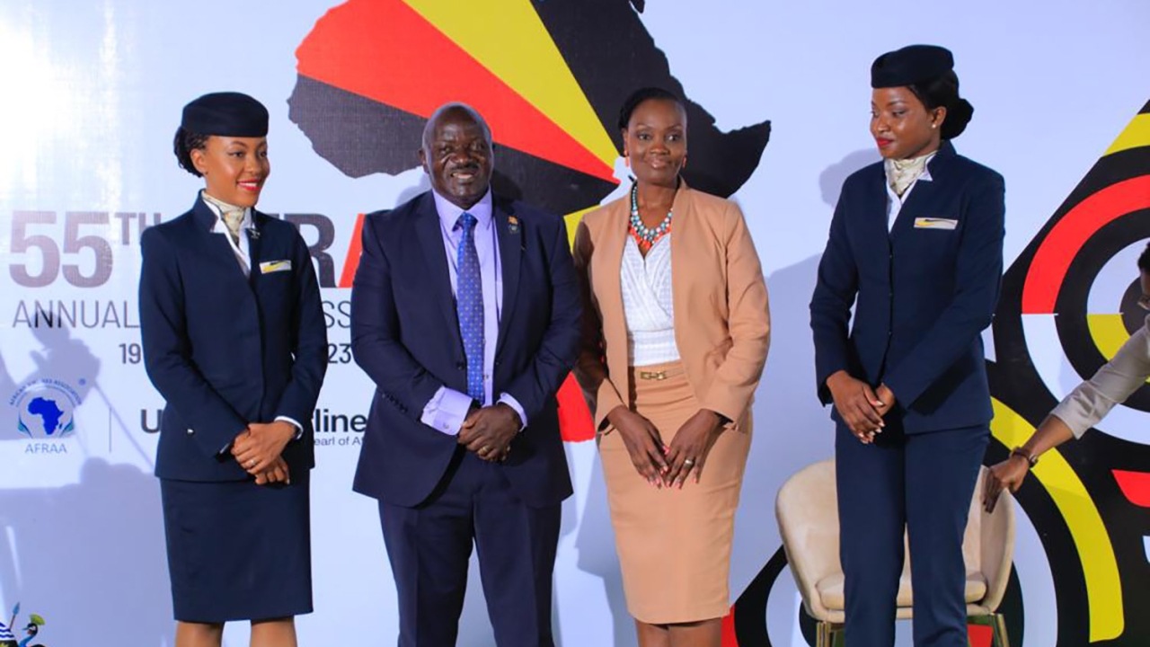 Uganda Transport minister Gen. Katumba Wamala, and Uganda Airlines CEO Jenifer Bamuturaki at today's launch of the AFRAA 23 annual assembly.